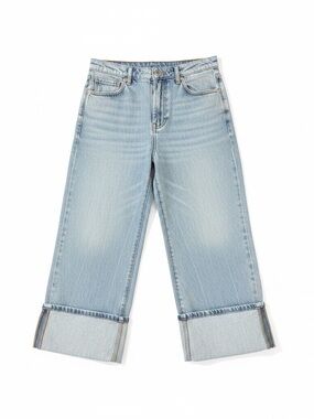 Dear John Light Blue Wide-Leg Cropped Jeans with Cuffs